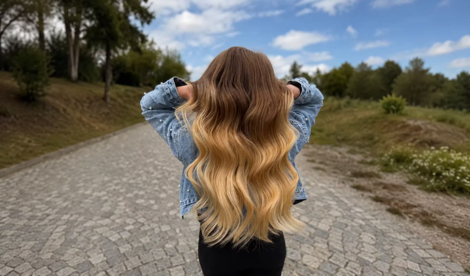 Dlouhé husté vlasy po prodloužení metodou WEFT, pohled zezadu